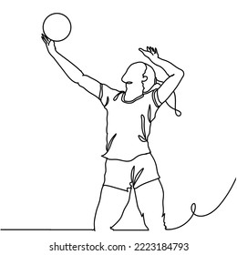 Continuous line drawing of female professional volleyball player with ball isolated on white background. Hand drawn single line vector illustration