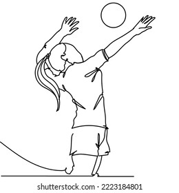 Continuous line drawing of female professional volleyball player with ball isolated on white background. Hand drawn single line vector illustration