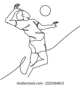 Continuous line drawing of female professional volleyball player with ball isolated on white background. Hand drawn single line vector illustration