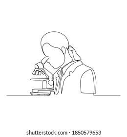  Continuous line drawing of female scientist analyze using microscope in laboratory. One line concept of science work space. Vector illustration