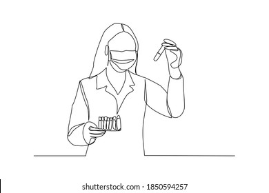Continuous Line Drawing Of Female Scientist Analyze Formula On Laboratory Tube. One Line Concept Of Medical Science. Vector Illustration