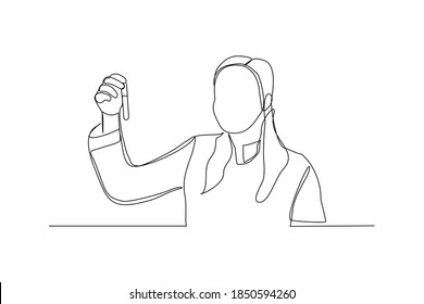 Dibujo continuo de líneas de mujeres científicas analizan la fórmula en tubo de laboratorio. Un concepto de línea de la ciencia médica. ilustración vectorial