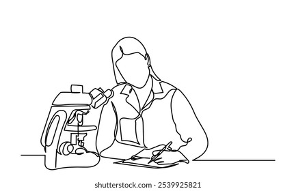 Dibujo de línea continuo de una científica usando el microscopio. Laboratorio de investigación de desarrollo médico. Una investigadora joven que trabaja en el laboratorio, con investigación de tubos de ensayo. Salud y medicina 