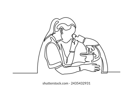 Dibujo de línea continua de científicas con un microscopio trabajando en el laboratorio. Investigación de laboratorio médico arte de línea concepto. Científico que utiliza el microscopio para el análisis de ilustración vectorial.
