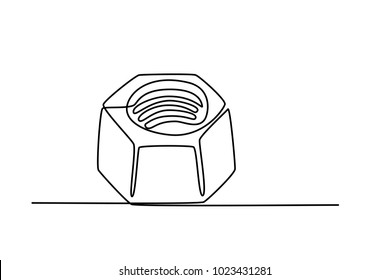 Continuous line drawing. Female screw. Nut.  Black isolated on white background. Hand drawn vector illustration. 