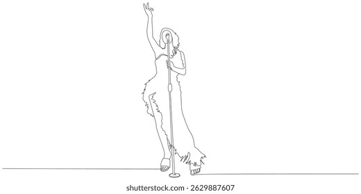  Desenho de linha contínua de uma cantora cantando no palco