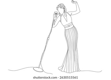 Desenho de linha contínua de uma cantora cantando no palco