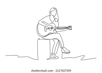 continuous line drawing of  female sitting guitarist playing guitar. Dynamic musician artist performance concept single line graphic draw design vector illustration