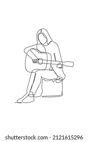 dibujo de línea continua de guitarrista de guitarra femenina que toca guitarra. Concepto de rendimiento de artista de música dinámica ilustración de dibujo gráfico de línea única ilustración vectorial