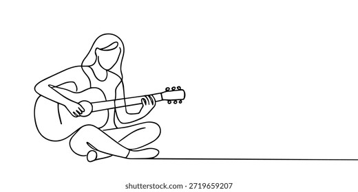 continuous line drawing of  female sitting guitarist playing guitar. Dynamic musician artist performance concept single line graphic draw design vector illustration