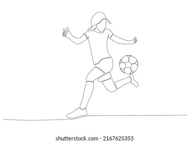 
Continuous line drawing of female soccer player kicking the ball. Single line art of young female soccer player dribbling and juggling the ball. Vector illustration