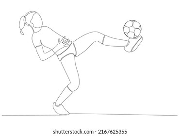 
Continuous line drawing of female soccer player kicking the ball. Single line art of young female soccer player dribbling and juggling the ball. Vector illustration