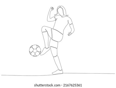 
Continuous line drawing of female soccer player kicking the ball. Single line art of young female soccer player dribbling and juggling the ball. Vector illustration