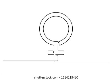 Continuous line drawing. Female symbol. Gender icon. Black isolated on white background. Hand drawn vector illustration. 