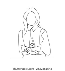 Continuous line drawing of female worker standing while write business note from mentor on paper notes. One single line sketch business woman workshop concept. vector illustration editable stroke