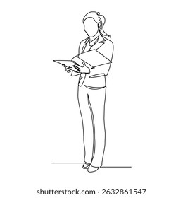 Dibujo de línea continuo de una trabajadora de pie mientras escribe una nota de negocios de un mentor en notas de papel. Un solo boceto de línea mujer de negocios concepto de taller. Ilustración vectorial editable golpe