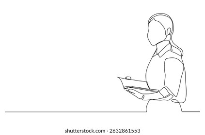 Continuous line drawing of female worker standing while write business note from mentor on paper notes. One single line sketch business woman workshop concept. vector illustration editable stroke
