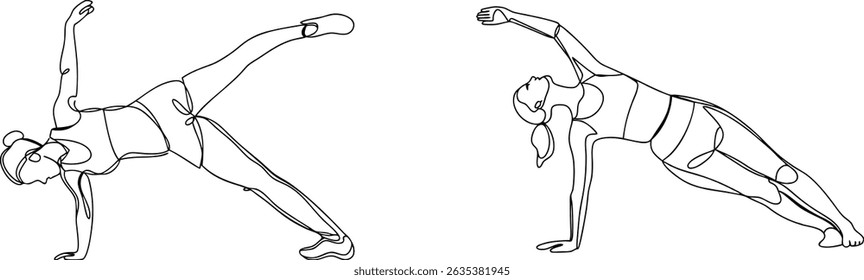 Continuous line drawing of female yoga poses illustrating fitness and exercise movements