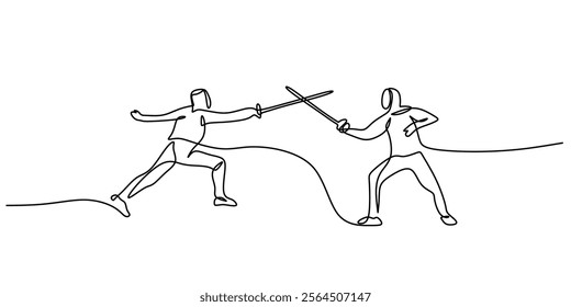 Continuous line drawing of a fencer engaging in a duel, illustrating the discipline and agility in fencing. Minimalist design for sports and health. Vector illustration hand drawn.