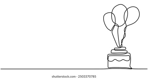 Continuous line drawing of festive balloons and a cake. Minimalist illustration for celebration banners.