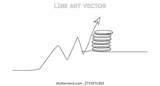 Definição em contínuo do conceito de crescimento financeiro. Pilha de moedas e um gráfico de tendência ascendente com uma seta que representa o aumento do investimento e do sucesso econômico. Ilustração vetorial