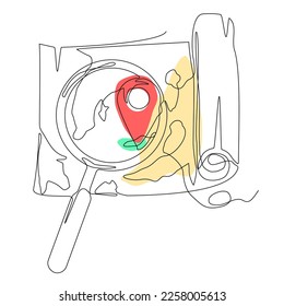 Continuous line drawing find location in map with marker and lens