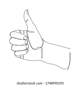 Continuous line drawing of finger thumb up approve sign gesture. Vector illustration