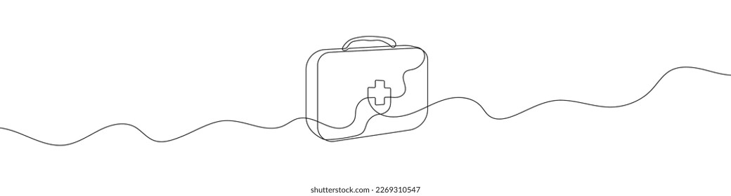 Continuous line drawing of first aid kit. Line art of first aid kit. One line drawing background. Vector illustration.
