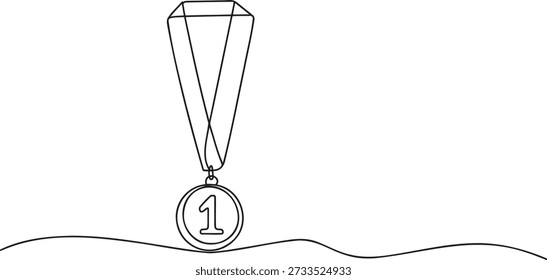 Línea continua que dibuja la medalla del primer lugar con la cinta. Premio número uno al concepto ganador del deporte. Logro de éxito empresarial. Premio del concurso. Símbolo de premio de oro. Reconocimiento de campeón. Signo de victoria. El mejor rendimiento.