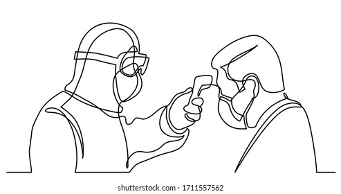 continuous line drawing of first responder in protective suit measuring temperture of man in mask