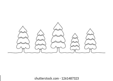 Continuous line drawing. Fir-trees. Black isolated on white background. Hand drawn vector illustration. 