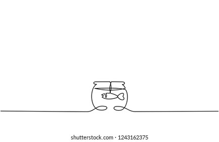 Continuous line drawing. Fish in an aquarium. Lines black on white background. Vector illustration