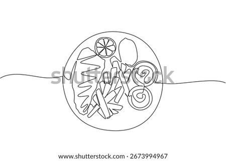 Continuous line drawing of fish and chips with sauces on a round plate, designed to celebrate National Fish and Chip Day, blending minimalism and food concept in modern illustration.