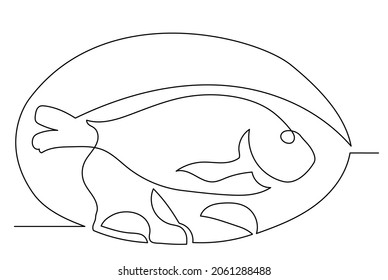 Continuous line drawing fish on a plate. Fast food restaurant concept, seafood.