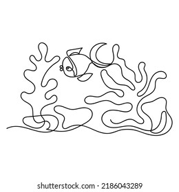Continuous line drawing, fish and plants. Sketch on white background. Hand drawn vector style.
