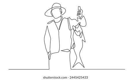 continuous line drawing of fisherman.one line drawing of fisherman lifting big fish.line art of fisherman man showing off caught fish.single line vector illustration.isolated white background