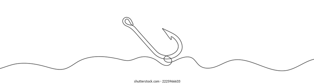 Continuous line drawing of fishing hook. One line icon of fishing hook. One line drawing background. Vector illustration. Line art of fishing hook