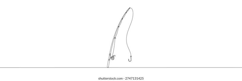 A continuous line drawing of a fishing rod leaning diagonally with its line and hook extending downwards, capturing the essence of angling on a white background.
