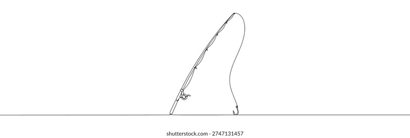 A continuous line drawing of a fishing rod leaning diagonally with its line and hook extending downwards, capturing the essence of angling on a white background.