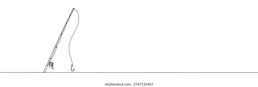 A continuous line drawing of a fishing rod leaning diagonally with its line and hook extending downwards, capturing the essence of angling on a white background.