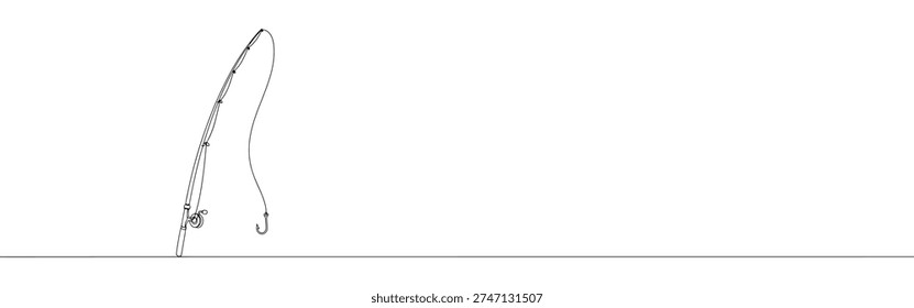 A continuous line drawing of a fishing rod leaning diagonally with its line and hook extending downwards, capturing the essence of angling on a white background.