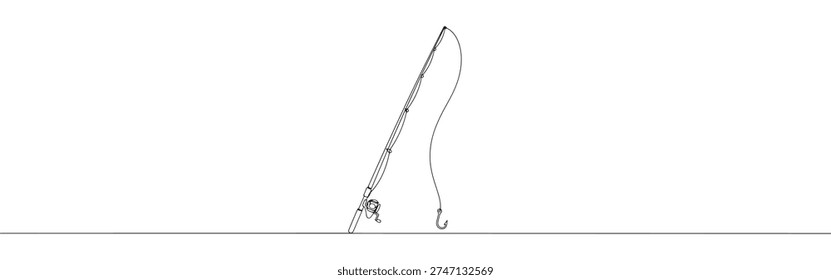 A continuous line drawing of a fishing rod leaning diagonally with its line and hook extending downwards, capturing the essence of angling on a white background.