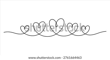 A continuous line drawing of five hearts in varying sizes arranged in a horizontal row pattern Vector, illustration