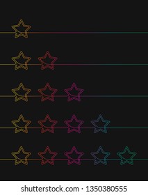 Continuous line drawing of five stars customer product rating review icon set, Rainbow vivid colors on black background vector minimalistic linear illustration made of continuous line