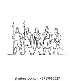 Desenho de linha contínua de cinco guerreiros com lanças e espadas