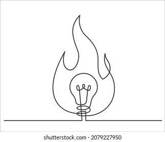 Continuous line drawing of flame arround lightbulb as a symbol of ideas. Ceative problem solving. Electric lamp in middle of flame. Vector illustration