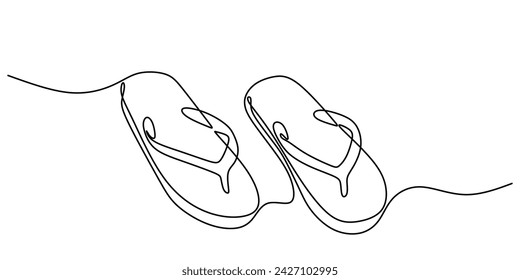 Continuous line drawing of flip flop sandals. One line art hand drawn outline summer footwear.