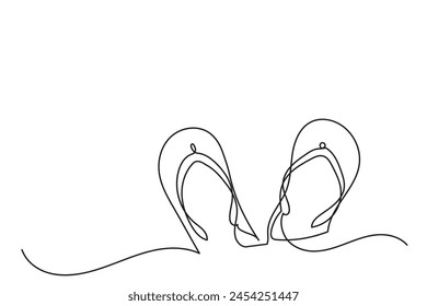 Continuous line drawing of flip-flops on the beach for summer vacation. Single-line slipper icon.Summer beach concept vector illustration.