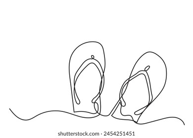 Continuous line drawing of flip-flops on the beach for summer vacation. Single-line slipper icon.Summer beach concept vector illustration.