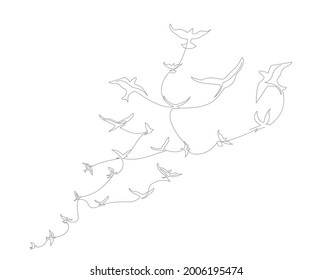 continuous line drawing with A flock of flying birds. Freedom Line art. Black and White vector design